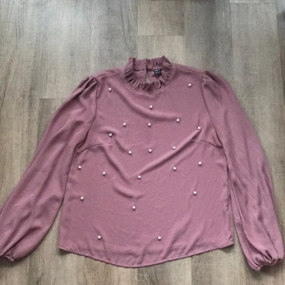 Pearl Beaded Frilled Neckline Lantern Sleeve Top shein medium - Picture 1 of 8